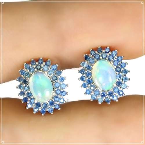 Natural Unheated Rainbow Ethiopian Fire Opal & Blue Sapphire in Solid .925 Sterling Silver Earrings
