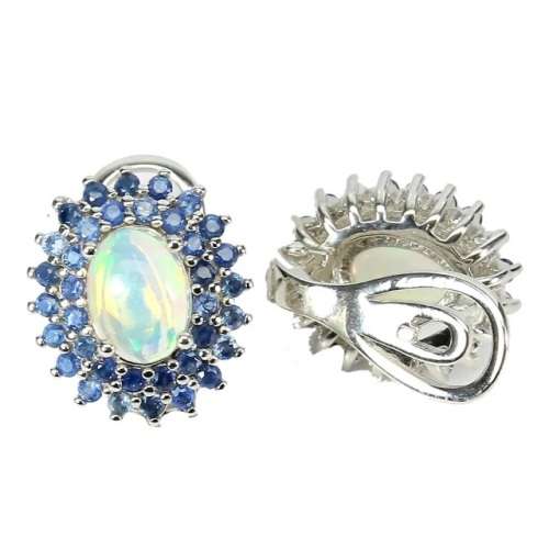 Natural Unheated Rainbow Ethiopian Fire Opal & Blue Sapphire in Solid .925 Sterling Silver Earrings