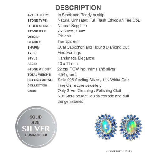 Natural Unheated Rainbow Ethiopian Fire Opal & Blue Sapphire in Solid .925 Sterling Silver Earrings