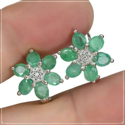 Natural Unheated Brazilian Emerald White CZ Solid .925 Sterling Silver 14k White Gold Earrings