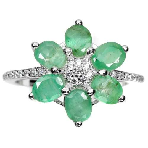 Natural Unheated Brazilian Emerald, White Cubic Zirconia Solid .925 Silver Ring Size US 8 or Q