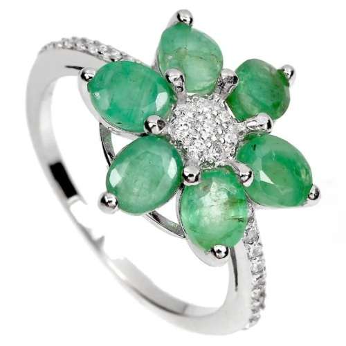Natural Unheated Brazilian Emerald, White Cubic Zirconia Solid .925 Silver Ring Size US 8 or Q