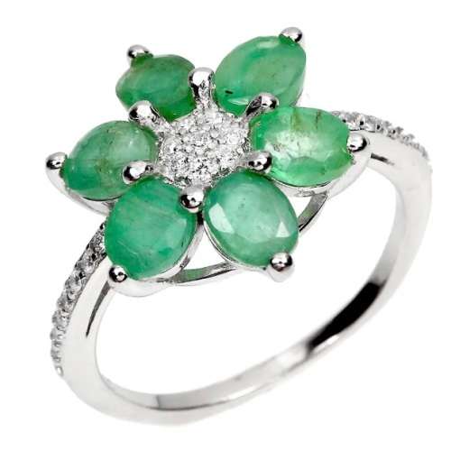 Natural Unheated Brazilian Emerald, White Cubic Zirconia Solid .925 Silver Ring Size US 8 or Q