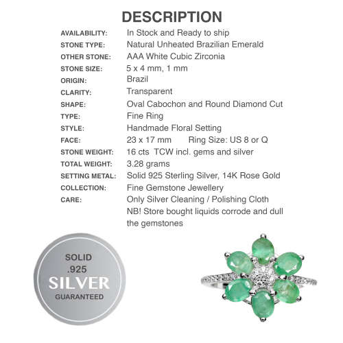 Natural Unheated Brazilian Emerald, White Cubic Zirconia Solid .925 Silver Ring Size US 8 or Q