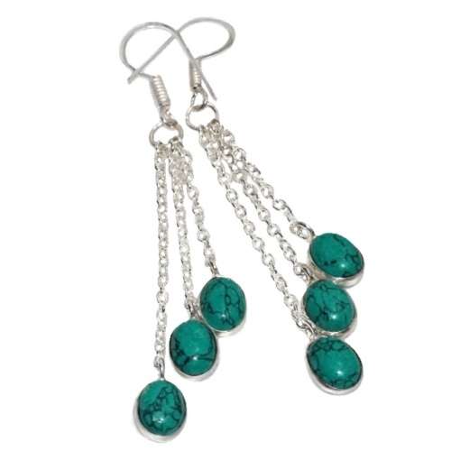 Spider Web Matrix Turquoise Gemstones in .925 Sterling Silver Plated Handmade Long Earrings