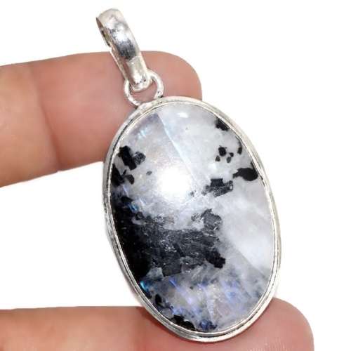 Natural Blue Schiller Moonstone Oval Gemstone  .925 Sterling Silver Pendant