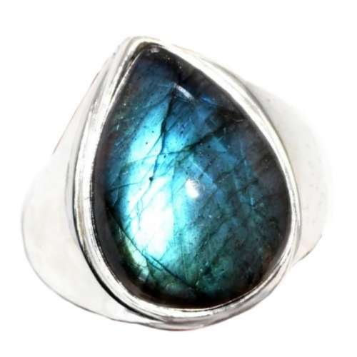Natural Blue Fire Labradorite Pear Gemstone set in .925 Sterling Silver Ring Size US 8 / Q