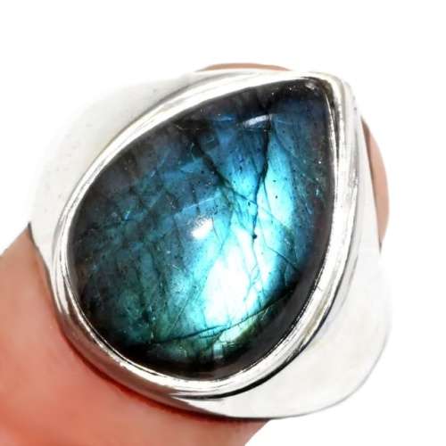Natural Blue Fire Labradorite Pear Gemstone set in .925 Sterling Silver Ring Size US 8 / Q