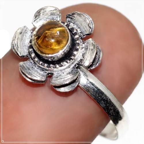 Dainty Round Citrine set in .925 Sterling Silver Plated Dainty Floral Ring Size 7.5 OR P