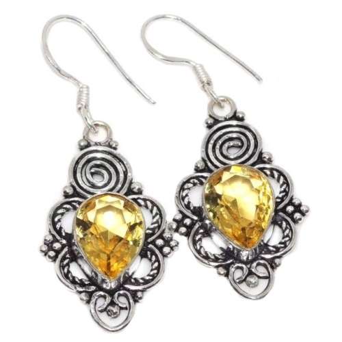 Faceted Citrine Gemstone set in Ornate .925 Sterling Silver Plated Handmade Earrings