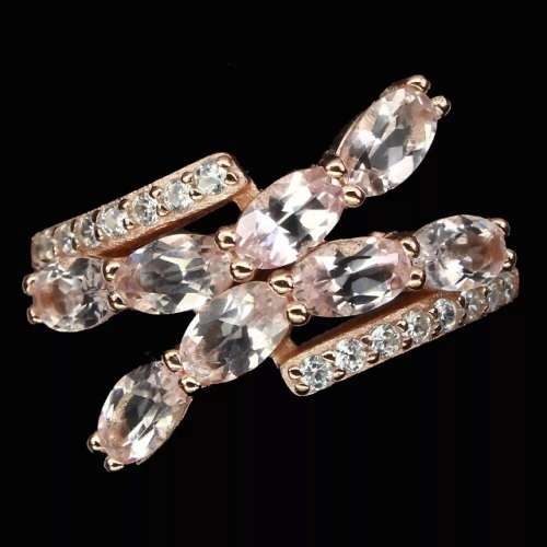 Deluxe Rose Gold Natural Morganite White Cubic Zirconia Solid .925 Sterling Silver Ring Size US 9