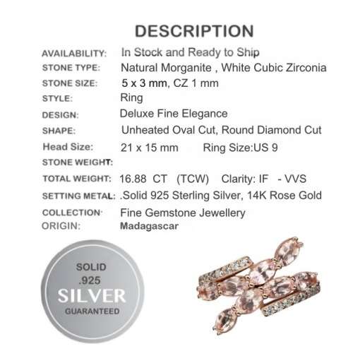 Deluxe Rose Gold Natural Morganite White Cubic Zirconia Solid .925 Sterling Silver Ring Size US 9