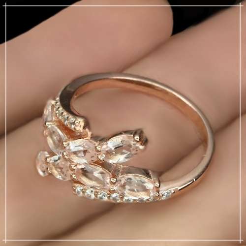 Deluxe Rose Gold Natural Morganite White Cubic Zirconia Solid .925 Sterling Silver Ring Size US 9