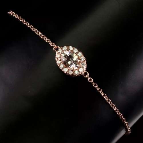 Deluxe Rose Gold Natural Morganite White Cubic Zirconia Solid .925 Sterling Silver Bracelet
