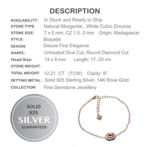 Deluxe Rose Gold Natural Morganite White Cubic Zirconia Solid .925 Sterling Silver Bracelet