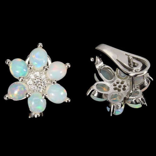 Natural Unheated Rainbow White Fire Opal & White Cubic Z Solid .925 Silver 14K White Gold Earrings