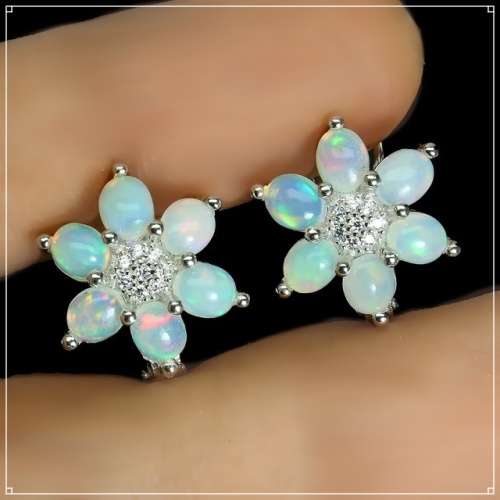 Natural Unheated Rainbow White Fire Opal & White Cubic Z Solid .925 Silver 14K White Gold Earrings