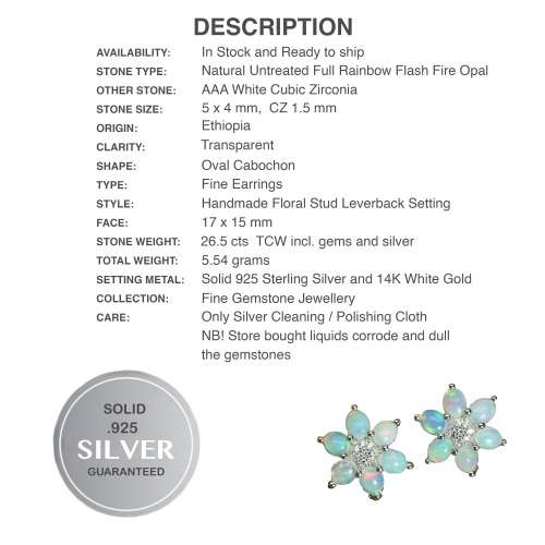 Natural Unheated Rainbow White Fire Opal & White Cubic Z Solid .925 Silver 14K White Gold Earrings