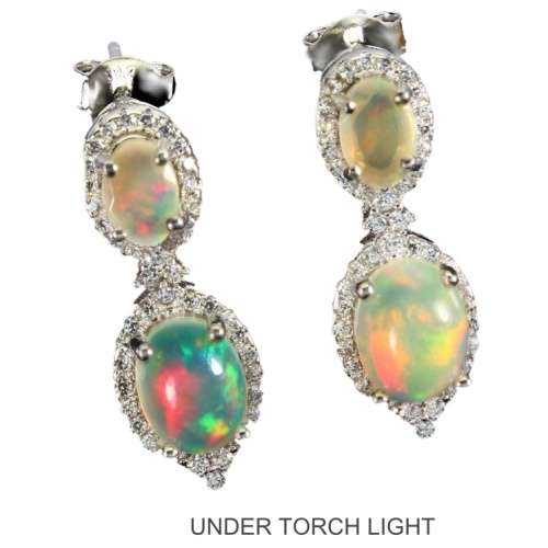Deluxe Natural Unheated Fire Opal and White Cubic Zirconia Gemstone  925 Sterling Silver Earrings