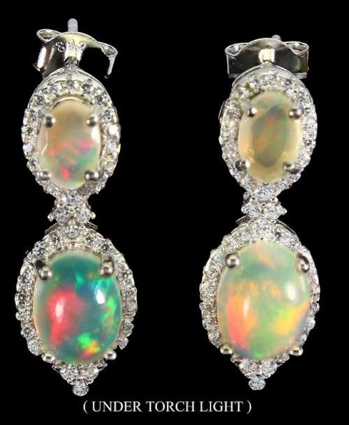 Deluxe Natural Unheated Fire Opal and White Cubic Zirconia Gemstone  925 Sterling Silver Earrings
