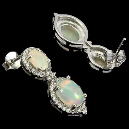 Deluxe Natural Unheated Fire Opal and White Cubic Zirconia Gemstone  925 Sterling Silver Earrings