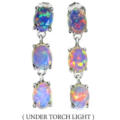 Deluxe Natural Unheated Full Rainbow Fire Opal Gemstone  925 Sterling Silver 14K White Gold Earrings