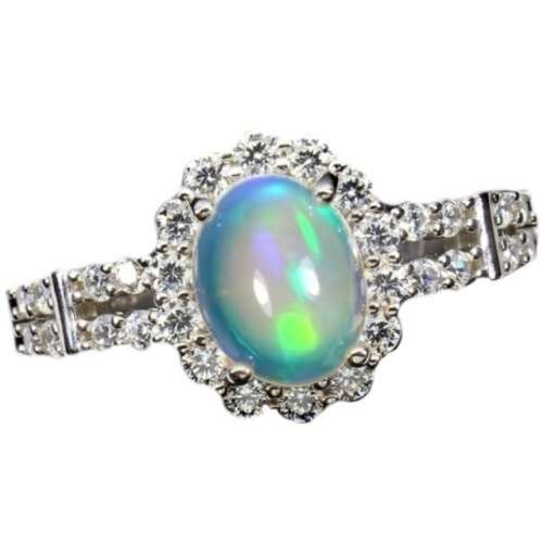 Outstanding Natural Full Flash Ethiopian Fire Opal White & White CZ Solid .925 Sterling Ring Size 9
