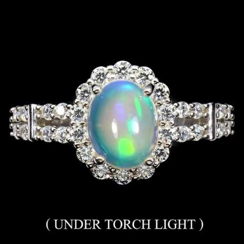 Outstanding Natural Full Flash Ethiopian Fire Opal White & White CZ Solid .925 Sterling Ring Size 9
