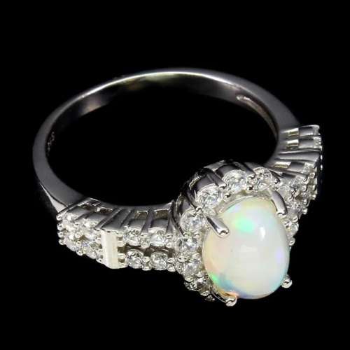 Outstanding Natural Full Flash Ethiopian Fire Opal White & White CZ Solid .925 Sterling Ring Size 9