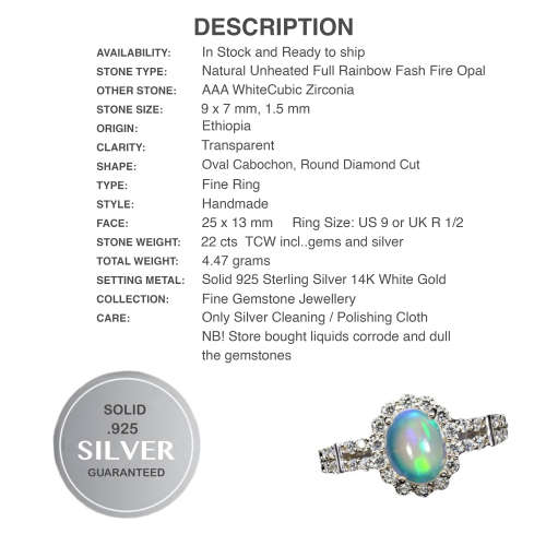 Outstanding Natural Full Flash Ethiopian Fire Opal White & White CZ Solid .925 Sterling Ring Size 9