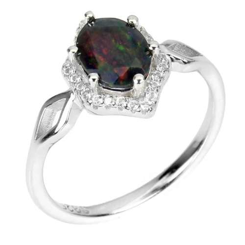 Rare Beauty Genuine Rainbow Black Fire Opal,CZ Gemstone .925 Solid Sterling Silver  Ring Sz 8