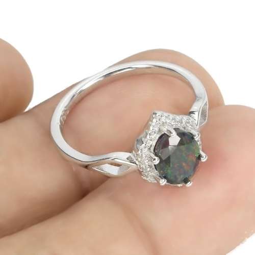 Rare Beauty Genuine Rainbow Black Fire Opal,CZ Gemstone .925 Solid Sterling Silver  Ring Sz 8