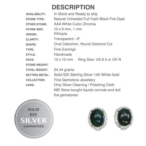 Deluxe Natural Unheated Rainbow Full Flash Black Fire Opal in Solid .925 Sterling Silver Earrings