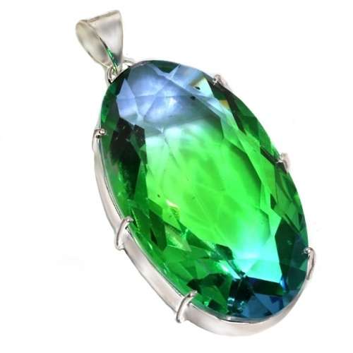 Blue Green Bi-Tourmaline Oval set in .925 Sterling Silver Plated Handmade Pendant