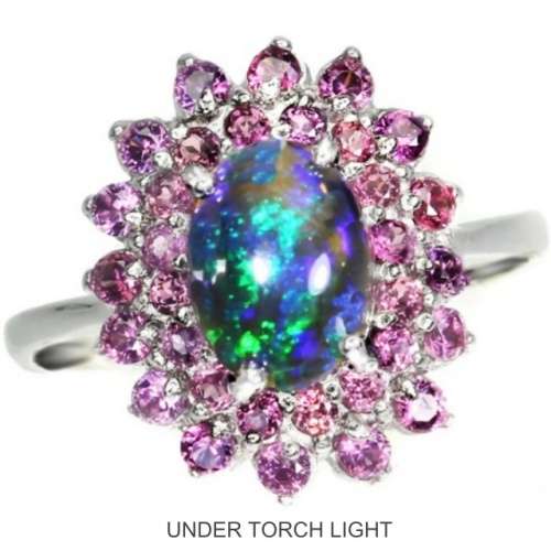 Natural Rainbow Black Fire Opal, Rhodolite Garnet in .925 Solid Sterling Silver Ring Size 6.5 or N