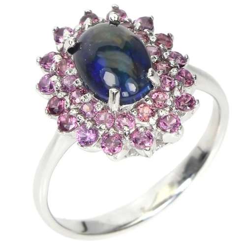 Natural Rainbow Black Fire Opal, Rhodolite Garnet in .925 Solid Sterling Silver Ring Size 6.5 or N