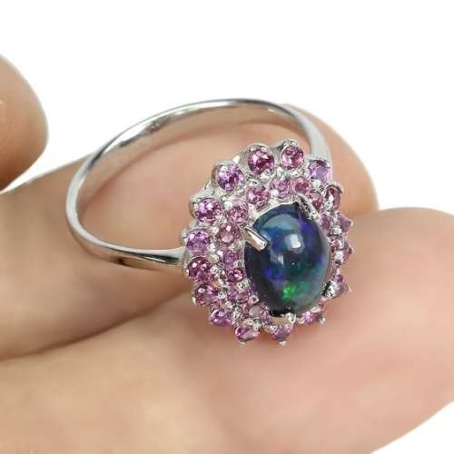 Natural Rainbow Black Fire Opal, Rhodolite Garnet in .925 Solid Sterling Silver Ring Size 6.5 or N