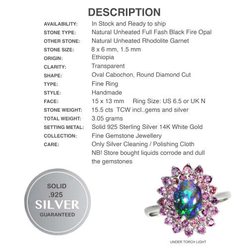 Natural Rainbow Black Fire Opal, Rhodolite Garnet in .925 Solid Sterling Silver Ring Size 6.5 or N