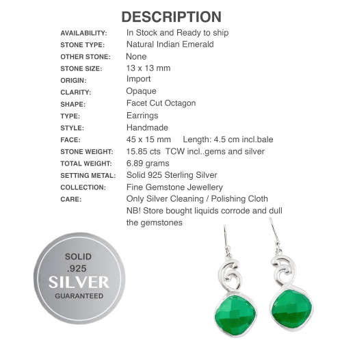 Natural Indian Emerald Facet Cut Gemstone set in Solid .925 Sterling Silver Earrings