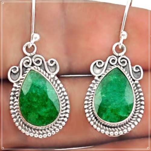 Natural Indian Emerald  Gemstone set in Solid .925 Sterling Silver Earrings