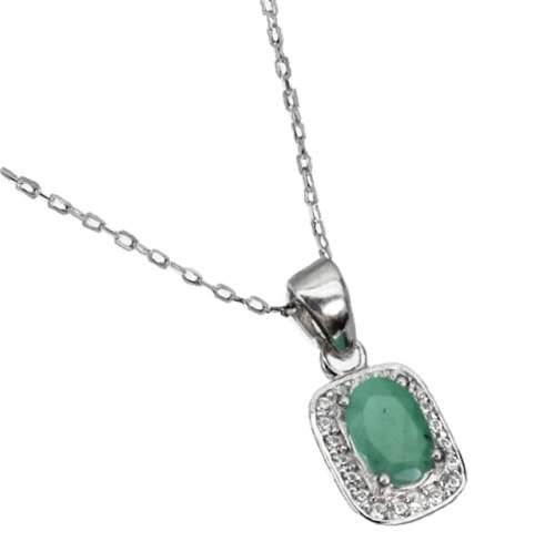 Exquisite Natural Unheated Brazilian Emerald Solid .925 Sterling Silver 14k White Gold Necklace