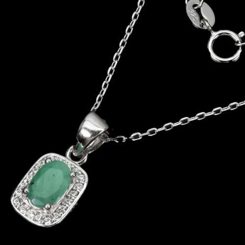 Exquisite Natural Unheated Brazilian Emerald Solid .925 Sterling Silver 14k White Gold Necklace