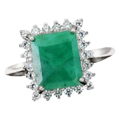 Natural Unheated Brazilian Emerald, White Cubic Zirconia Solid .925 Silver Size US 9.5