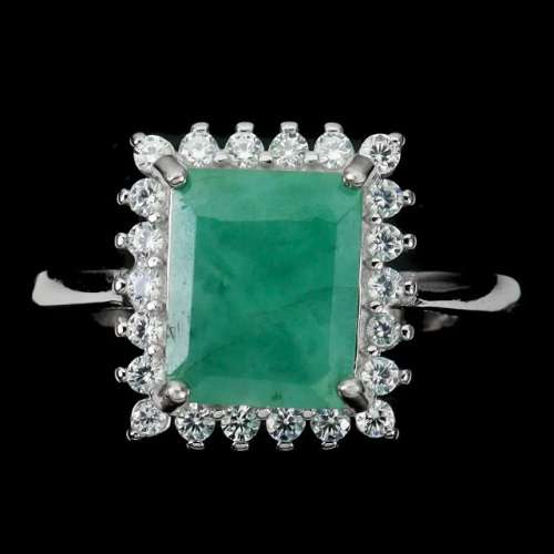 Natural Unheated Brazilian Emerald, White Cubic Zirconia Solid .925 Silver Size US 9.5