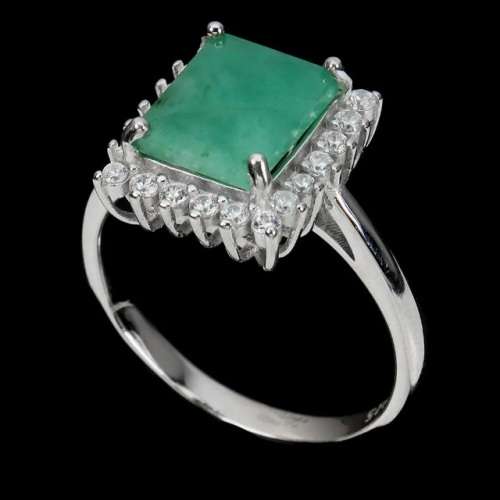 Natural Unheated Brazilian Emerald, White Cubic Zirconia Solid .925 Silver Size US 9.5