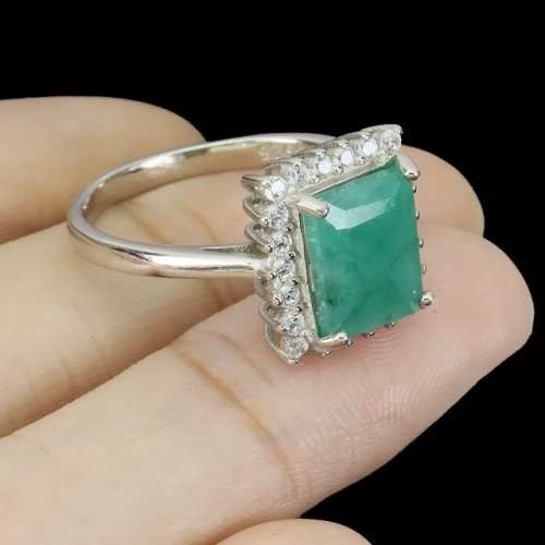 Natural Unheated Brazilian Emerald, White Cubic Zirconia Solid .925 Silver Size US 9.5