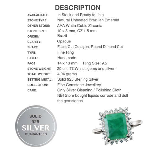 Natural Unheated Brazilian Emerald, White Cubic Zirconia Solid .925 Silver Size US 9.5