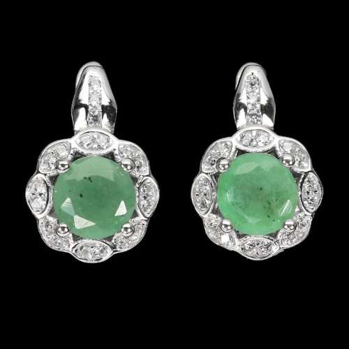 Natural Unheated Brazilian Emerald White CZ Solid .925 Sterling Silver 14k White Gold Earrings