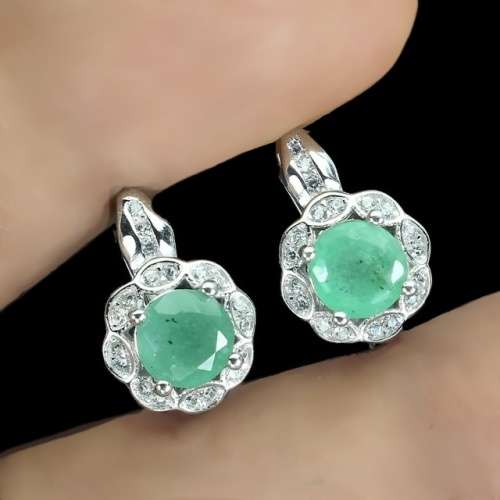 Natural Unheated Brazilian Emerald White CZ Solid .925 Sterling Silver 14k White Gold Earrings