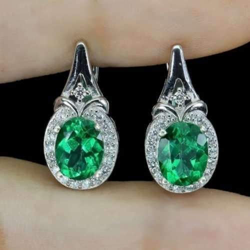 Exotic Natural Brazilian Green Topaz White CZ Solid .925 Sterling Silver 14k White Gold Earrings